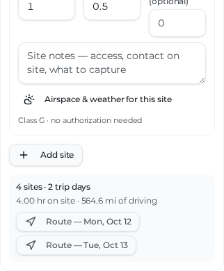 Two dated trips in Rotor Rate's multi-site calculator with 564.6 estimated driving miles