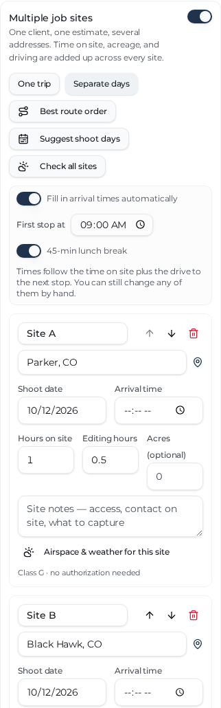 Rotor Rate multi-site example with Parker and Black Hawk as Sites A and B; city-level pins and example hours only
