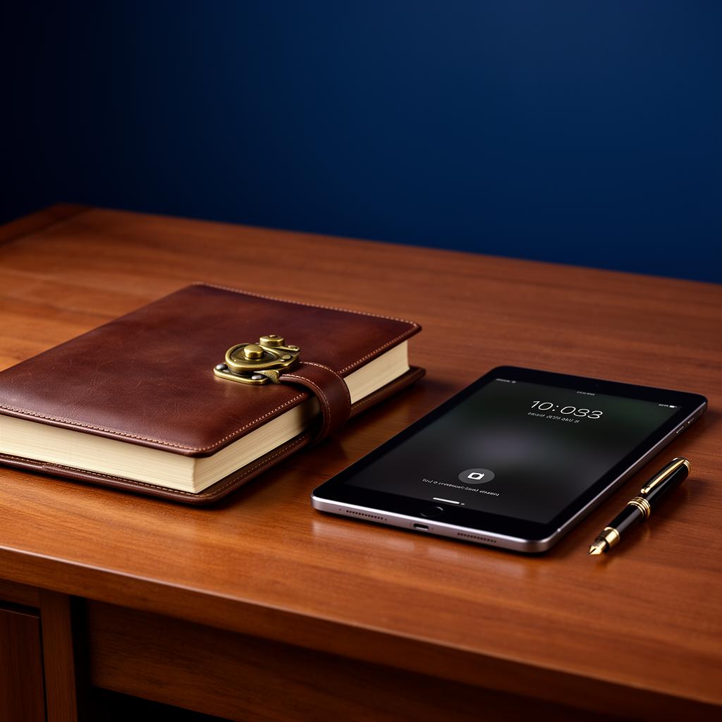 Closed leather ledger with a brass clasp beside a dimmed tablet — the numbers locked at close-out