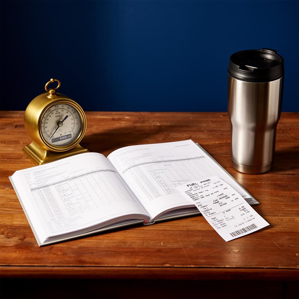 Open mileage logbook with a brass gauge and a fuel receipt — the case for billing the windshield time