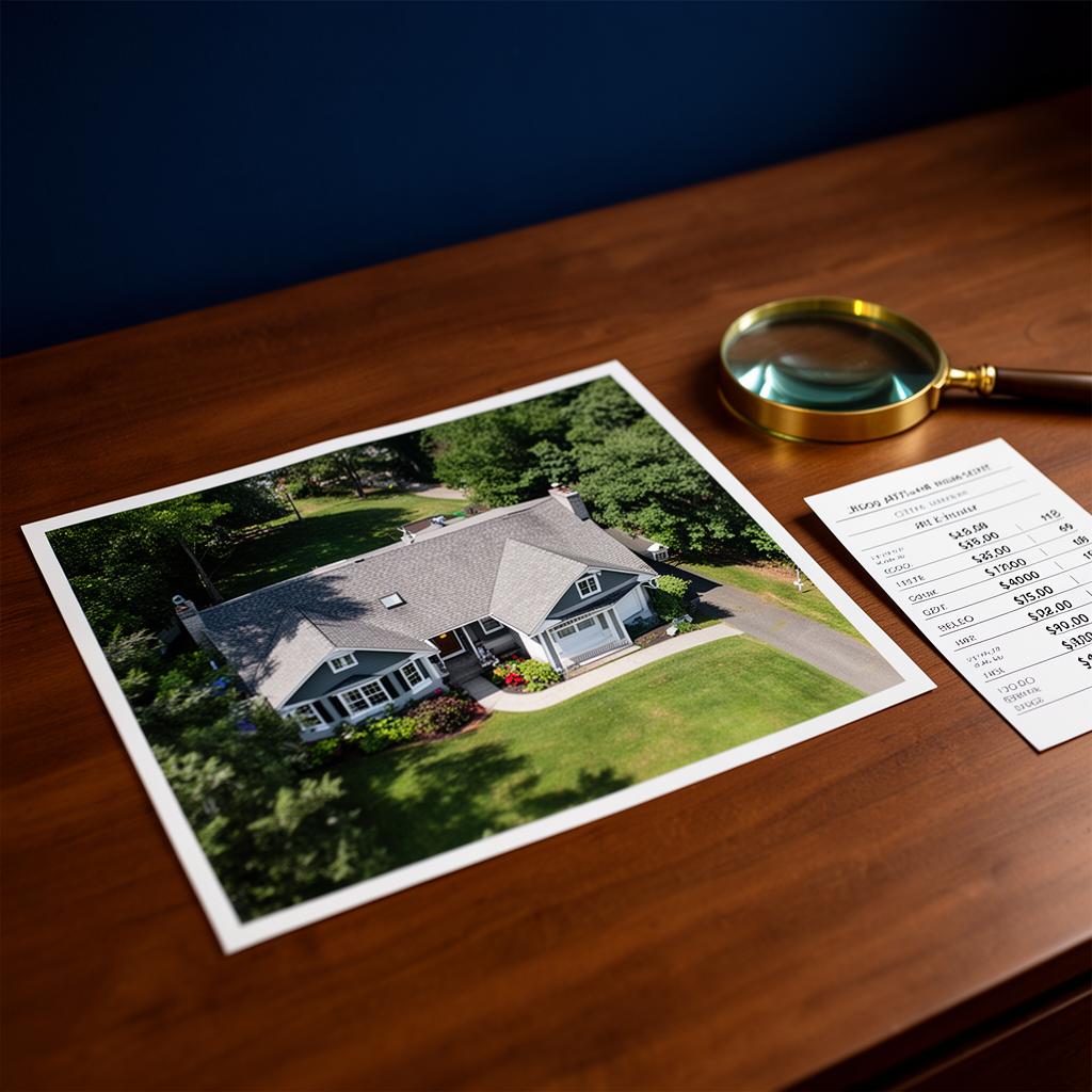 Print of an aerial property shot beside a printed deliverables price sheet