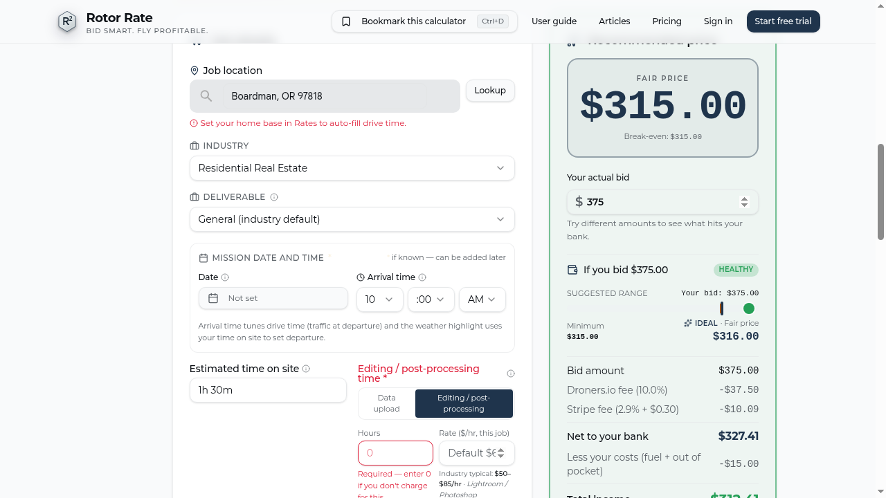 Rotor Rate Pricing Calculator showing the new deliverable dropdown and the mandatory post-processing Hours field
