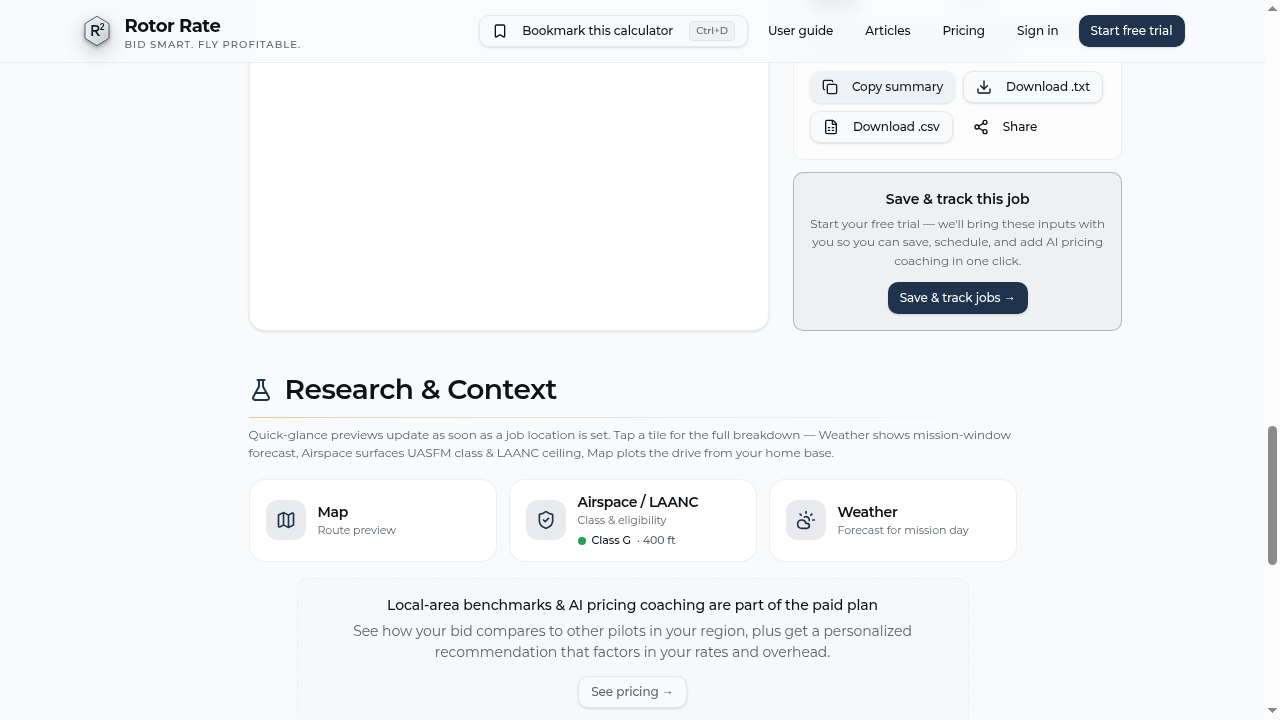 Research & Context tiles (Map, Airspace/LAANC, Weather) on the free calculator, with a callout noting local-area benchmarks and AI pricing coaching are part of the paid plan