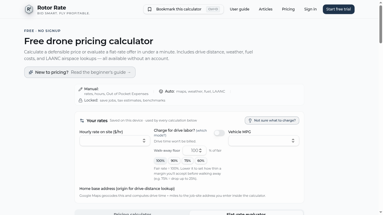 Rotor Rate's Your rates section with the "Not sure what to charge?" button visible