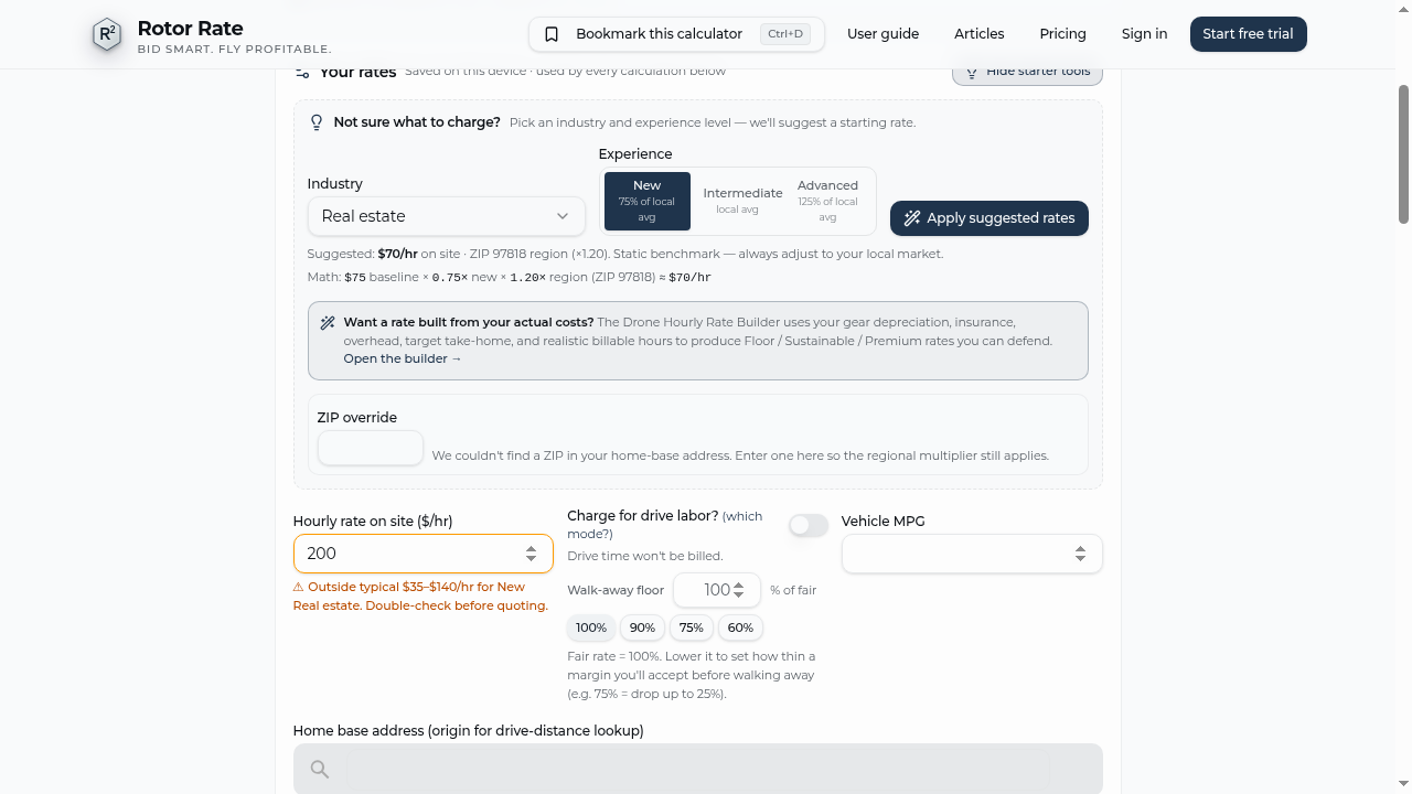 The "Not sure what to charge?" panel expanded — industry, experience, suggested rate, and the Hourly Rate Builder dialog